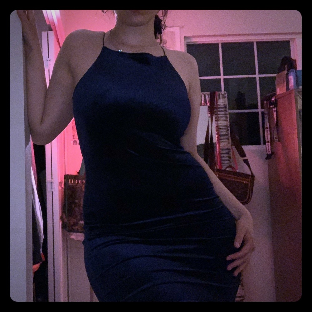 Bodycon velvet dark blue dress halter top neck